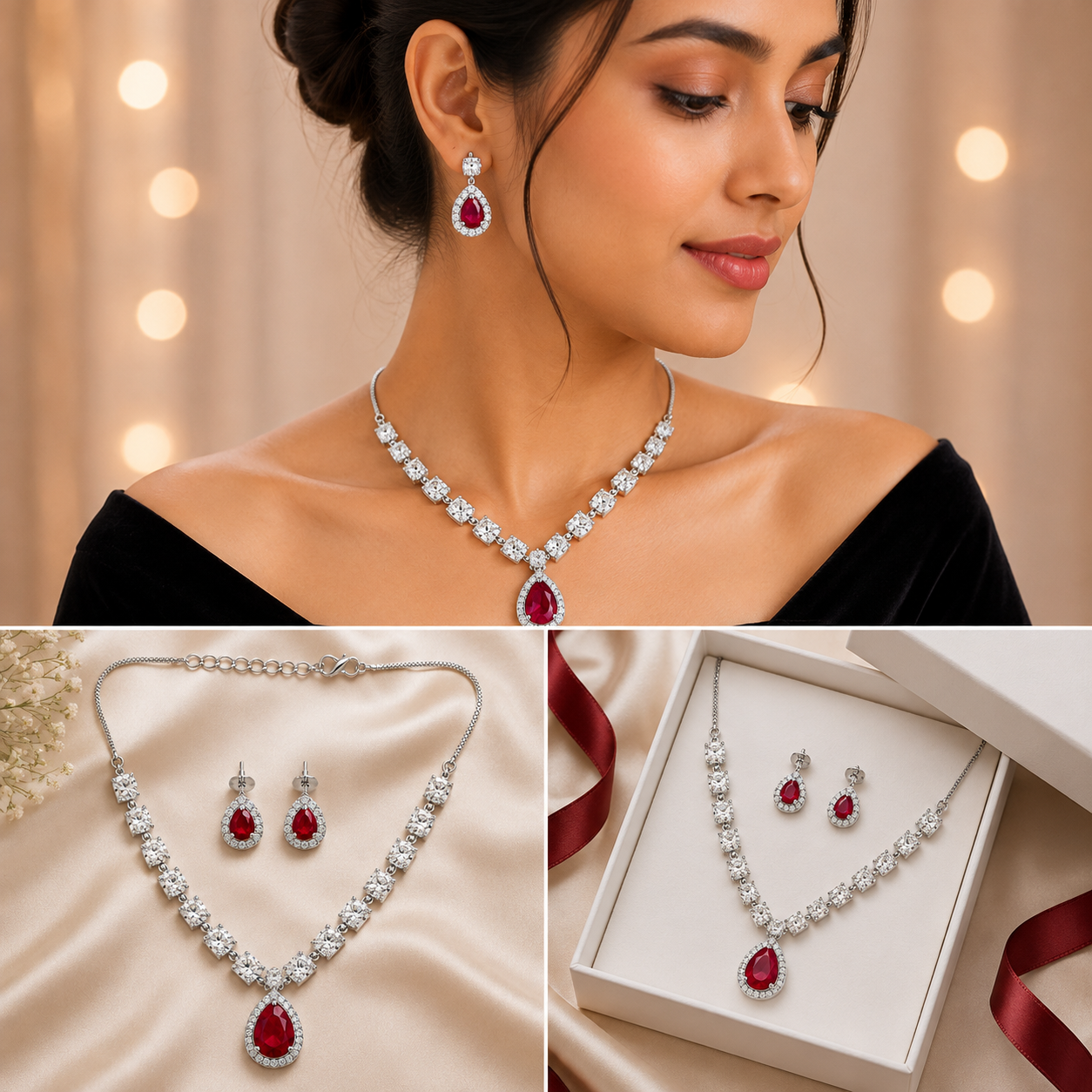 Red Stone Pendant Set with Earrings | NIKYANSH