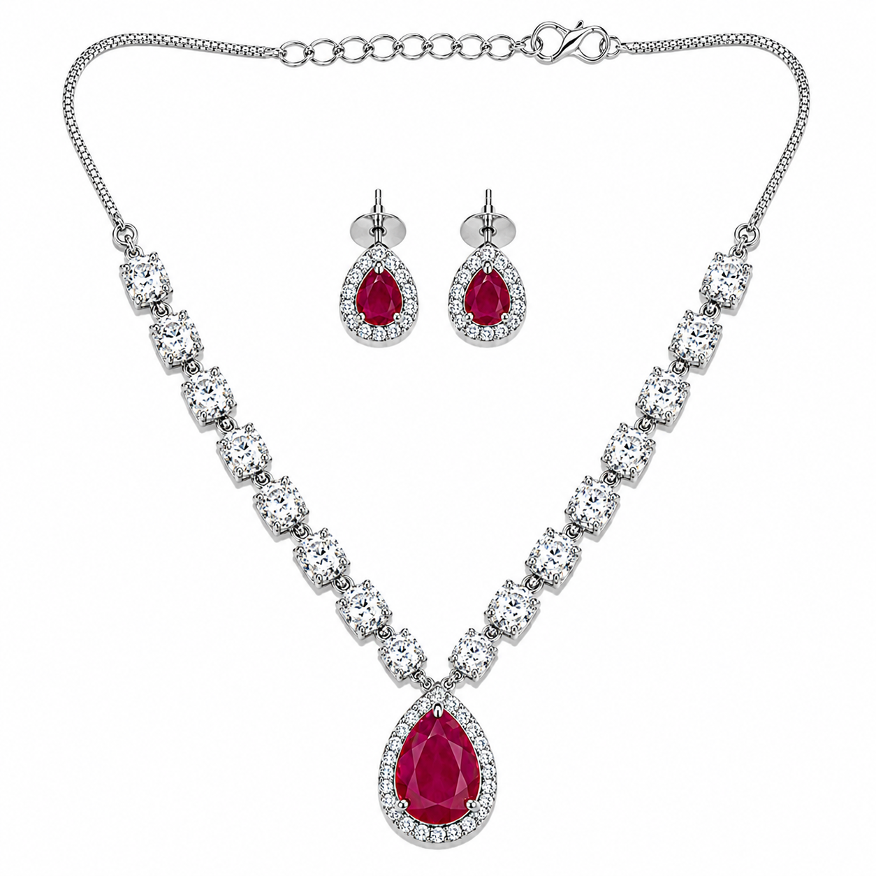 A statement red teardrop pendant, sparkling accents, and matching earrings—designed to make every special look shine.