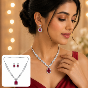 Red Stone Pendant Necklace & Earrings Set
