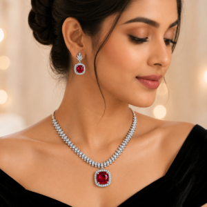 Ruby Red Crystal Necklace & Earrings Set for Women | NIKYANSH