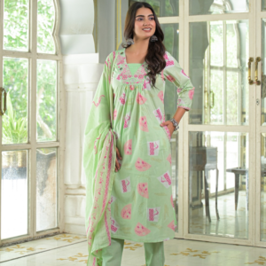 Mint Green Printed Anarkali Kurta Set with Dupatta