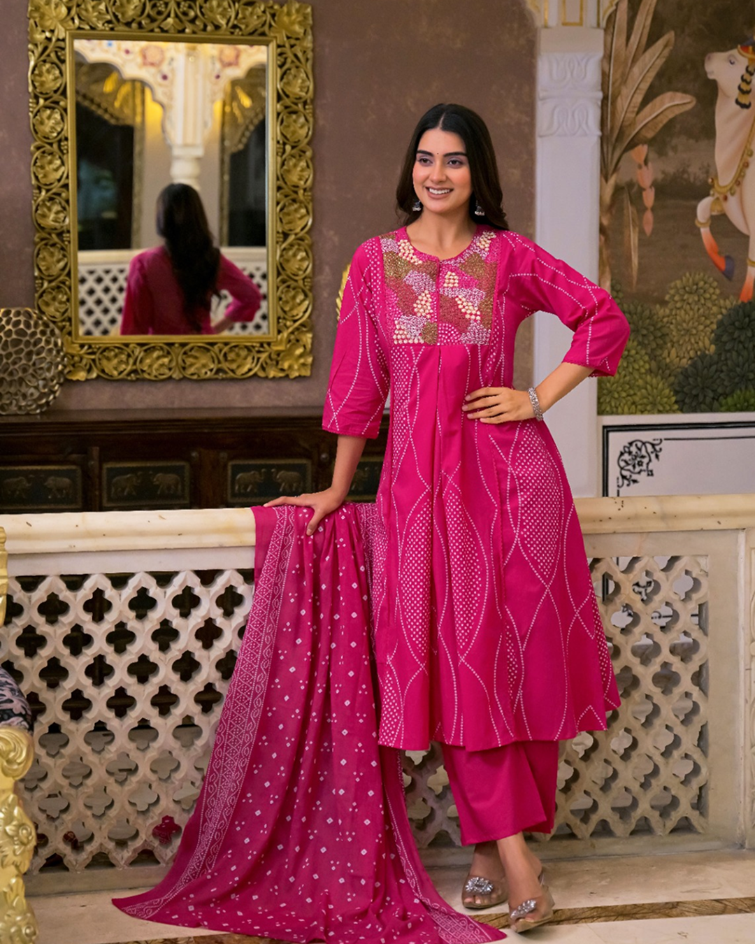 Rani Pink Embroidered Kurta Set with Dupatta - Image 5