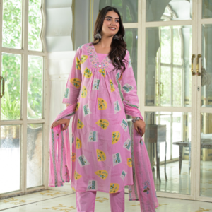 Pink Printed Anarkali Kurta Set with Dupatta