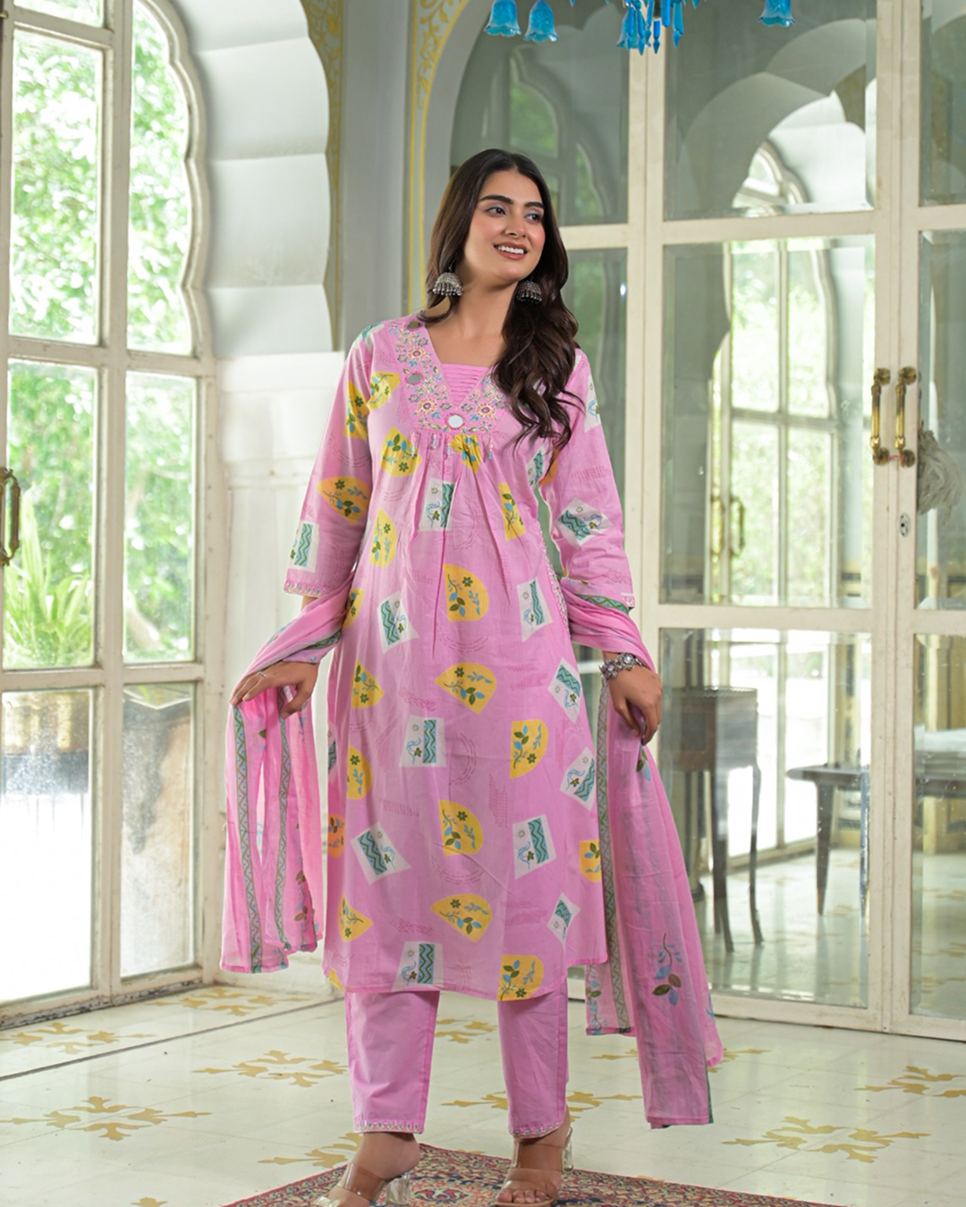 Pink Printed Anarkali Kurta Set with Dupatta