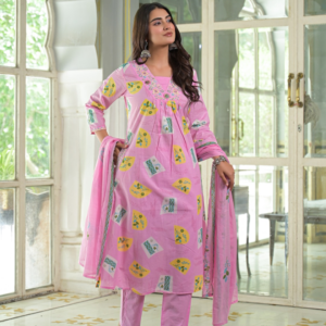 Pink Printed Anarkali Kurta Set with Dupatta