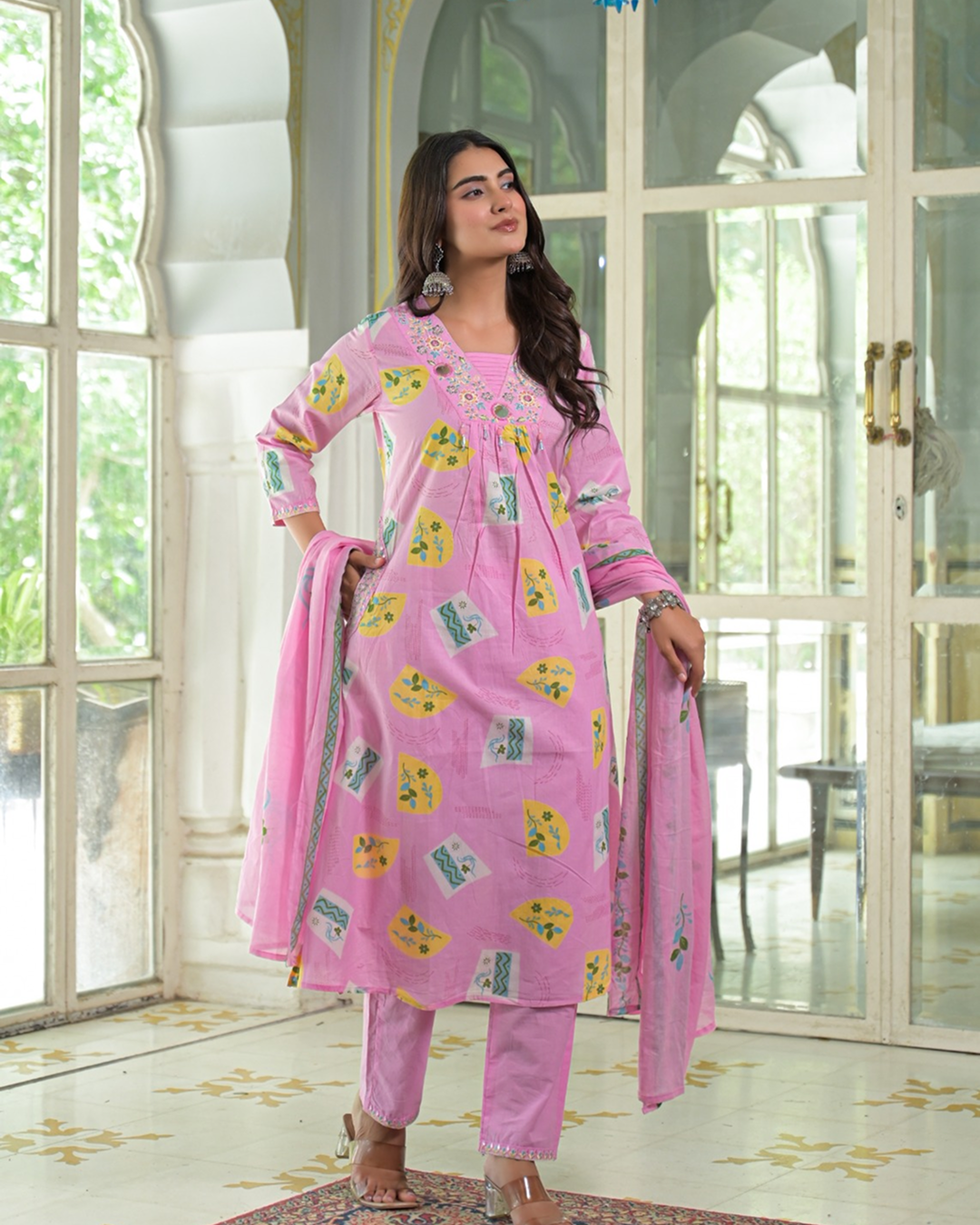 Pink Printed Anarkali Kurta Set with Dupatta - Image 2