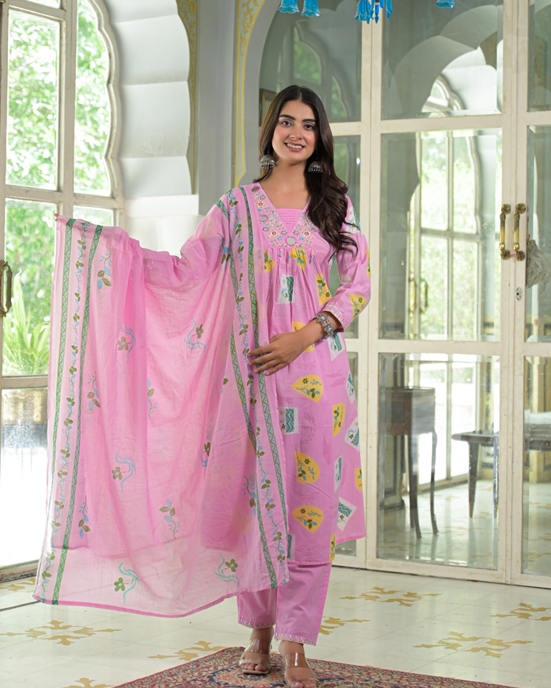 Pink Printed Anarkali Kurta Set with Dupatta - Image 4