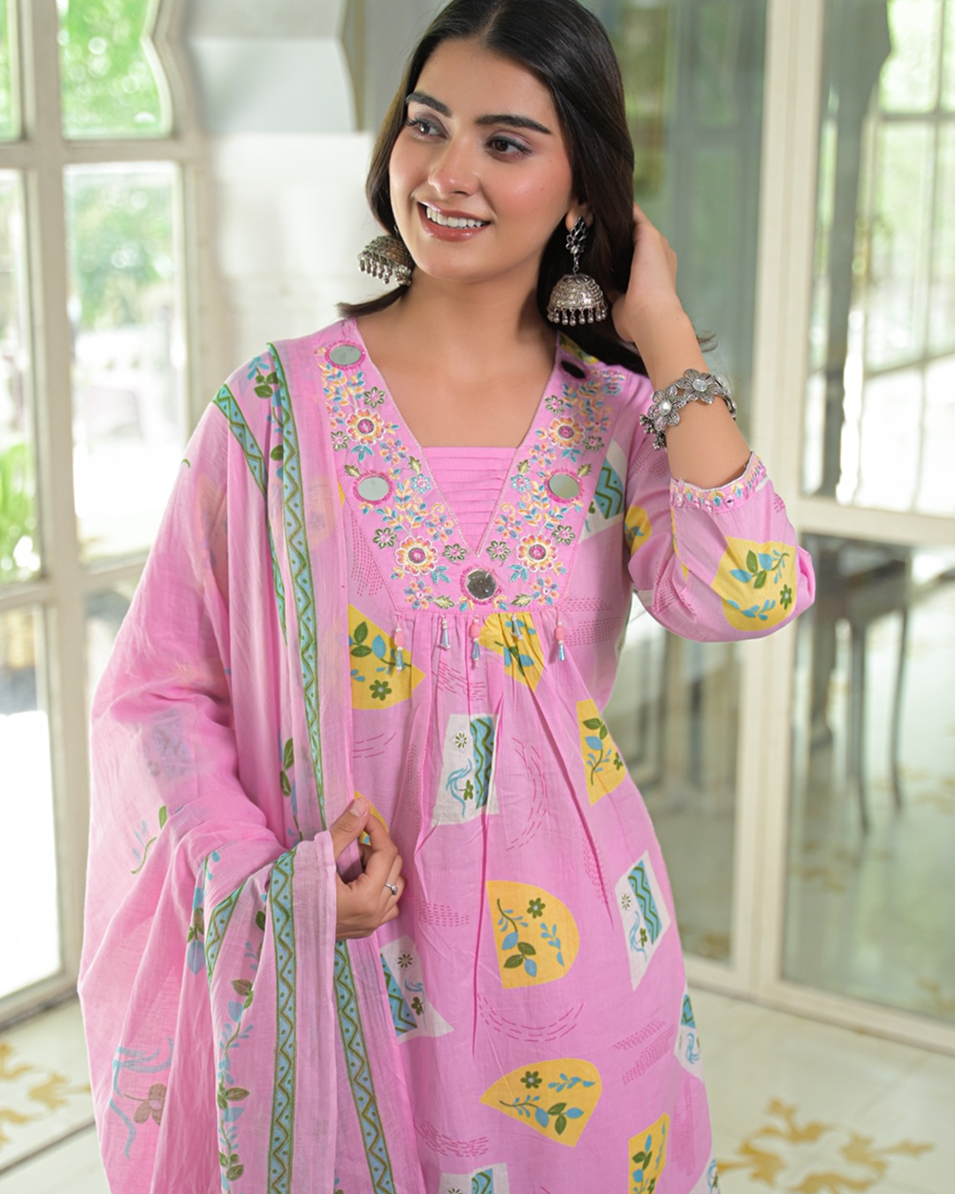 Pink Printed Anarkali Kurta Set with Dupatta - Image 3